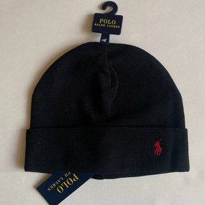 Polo Ralph Lauren Pony Logo Cuffed Thermal Waffle Knit Beanie Ski Hat Cap Black